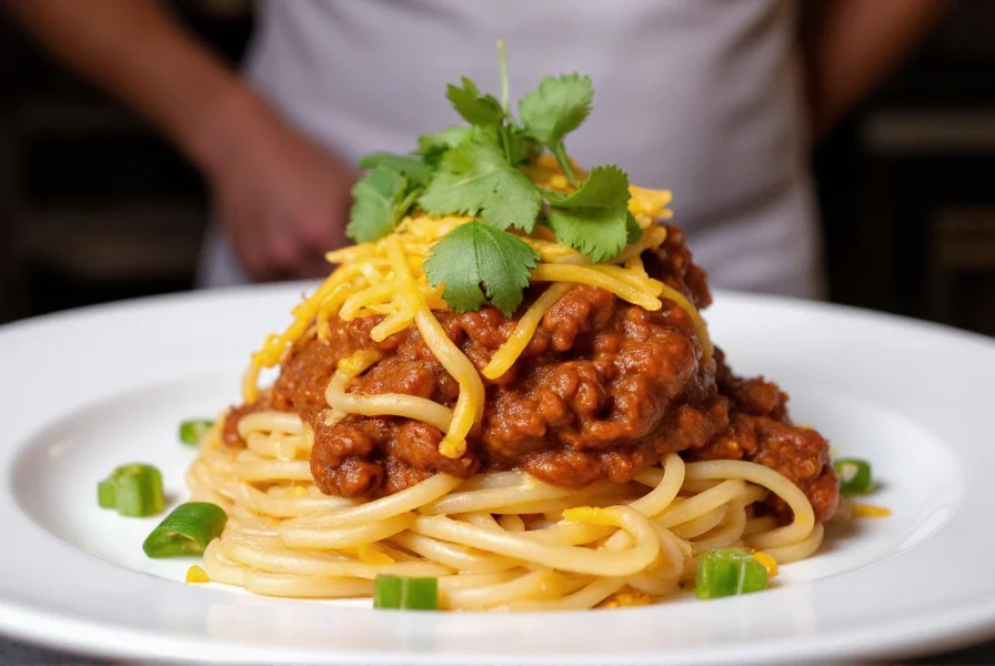 Professional chef plating chili spaghetti with melted cheddar cheese topping and fresh cilantro garnish