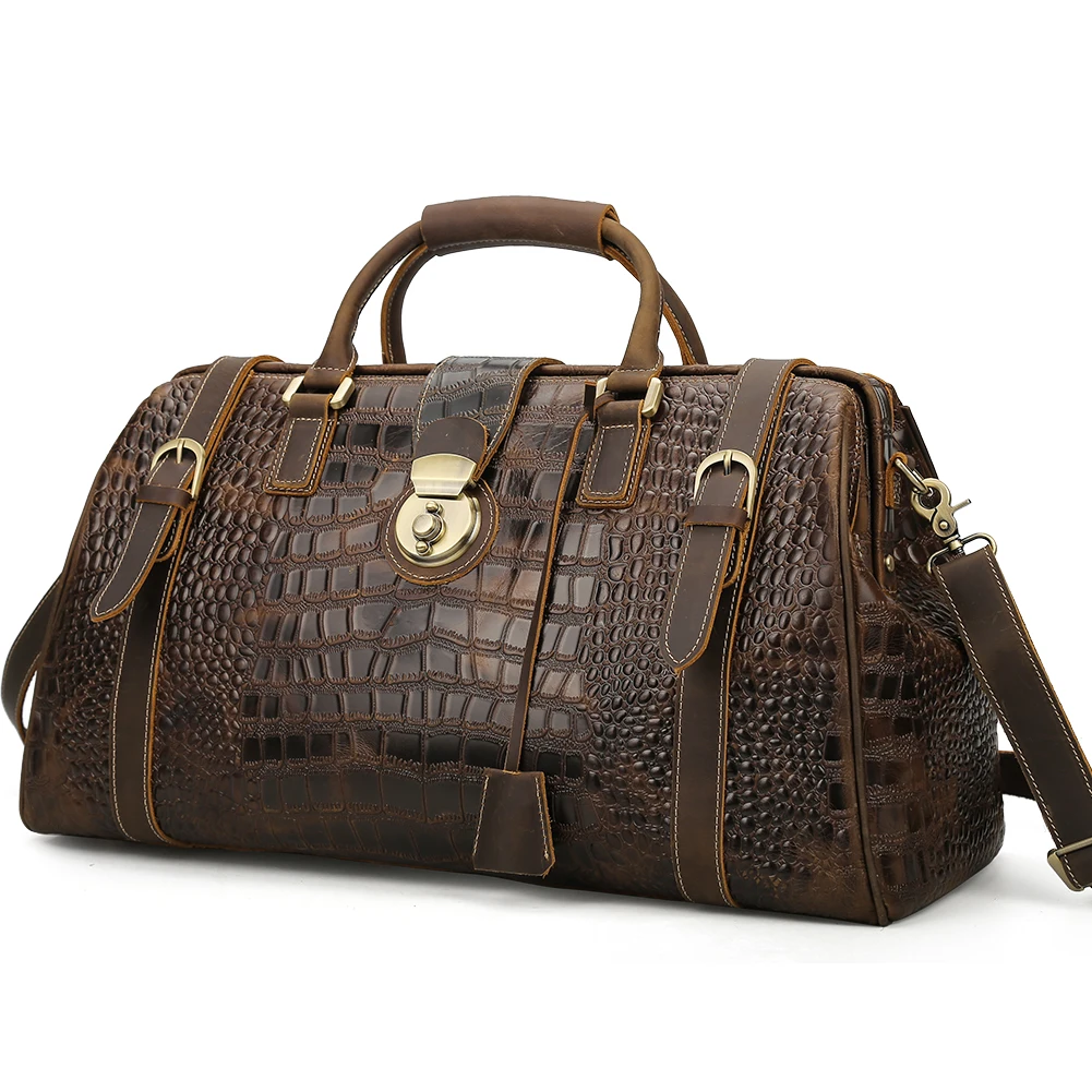 

Hot Sale Luxury Design Brown Genuine Leather Bag Mens Crocodile Embossed Travel Bag Leather Luggage Bag