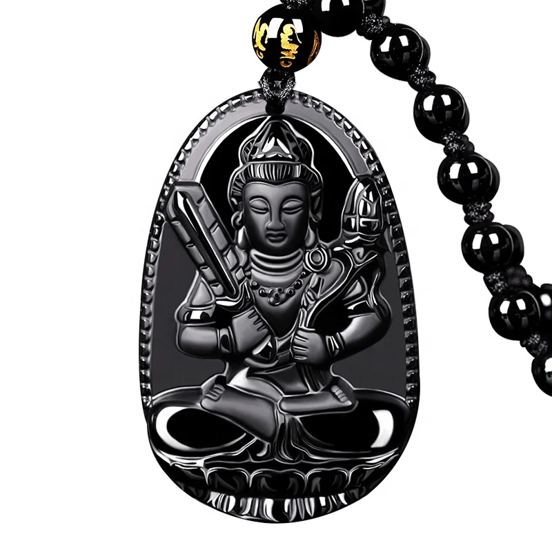 

Natural Black Obsidian Pendant Avalokiteshvara Buddha Guanyin Head Amulets And Talismans Scrub With Bead Necklace HYSD14
