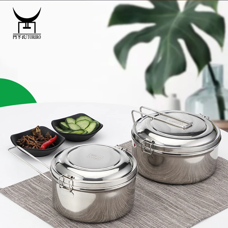 

Convenient polished stackable stainless steel round lunch box double deck / storage boxes with lid / handle and lock