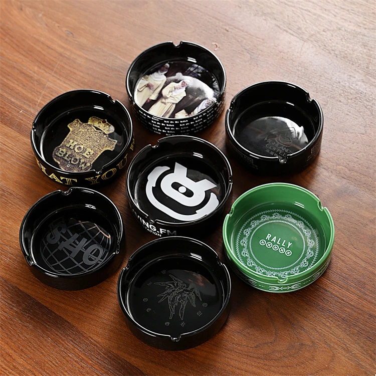 Personalized Assorted Color Ashtray Hotel Round Porcelain Cigar Ashtray Printed Custom Logo Ceramic Ashtray for Home or Bar