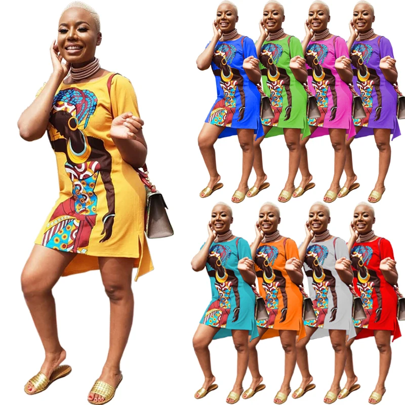 

Women elegant Causal dresses 9 colors Summer Plus size S-5XL african girl printed short sleeve dresses, As pic