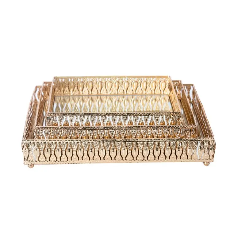 

Metal Tray Set Gold Factory Hot Sales Modern Plate Dish Rectangle Metal + Glass Mirror Tray Beautiful Shape Gold Inlay Pattern