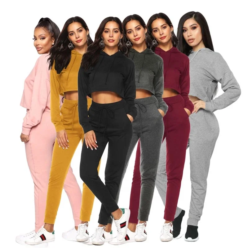 

2021 Hot Selling Solid Color Crop Top Spring Wholesale Printed Pant Casual Women 2 Piece Jogger Set 2 Piece Set Women Clothing