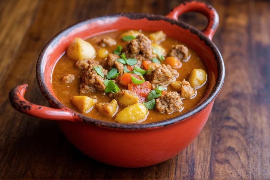Goat meat stew simmering in pot