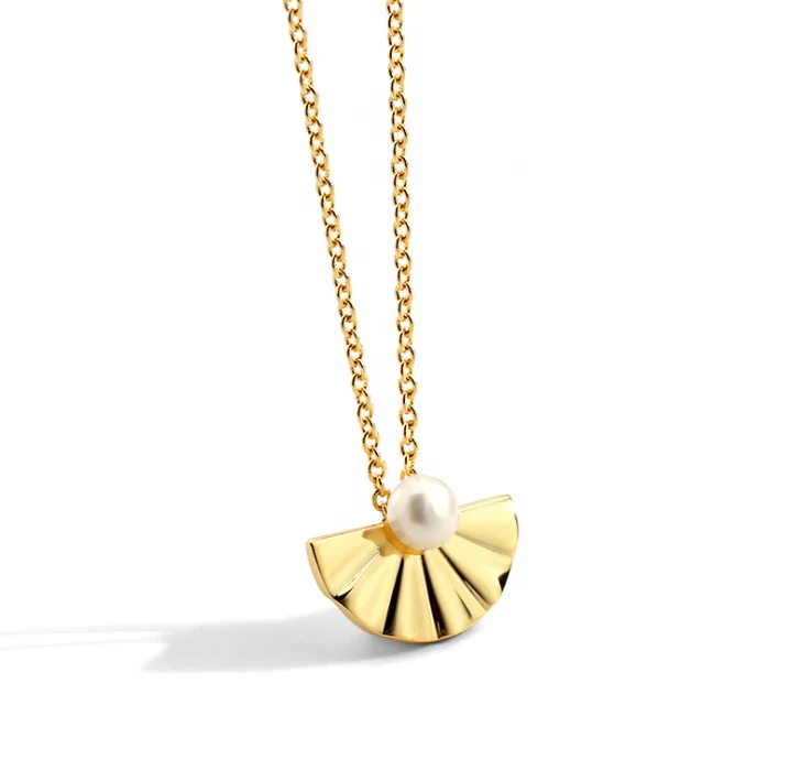 

Fashion Tide Folding Fan Shell Shape Pearl Jewelry Necklace Women 14k Gold Plated Pearl Pendant Necklace