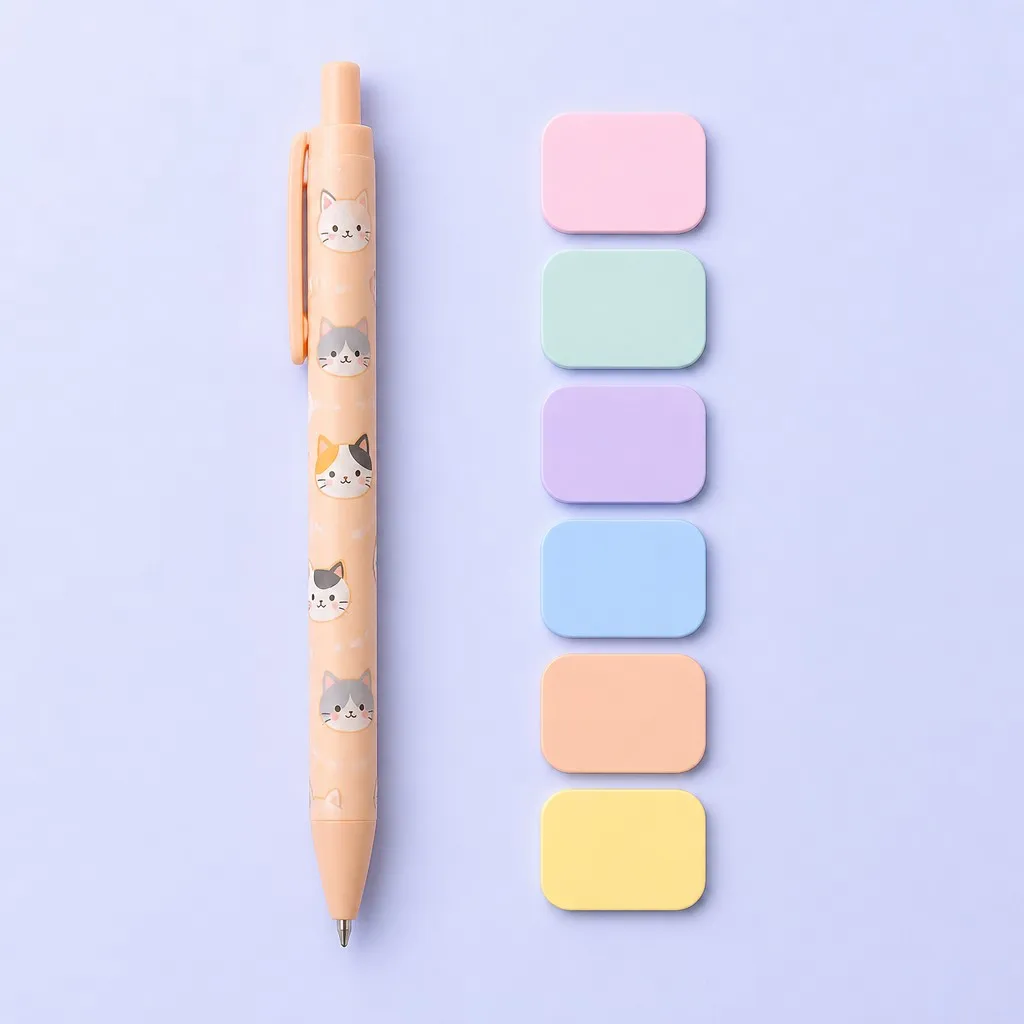Peach cat pattern pen beside pastel sticky note tabs