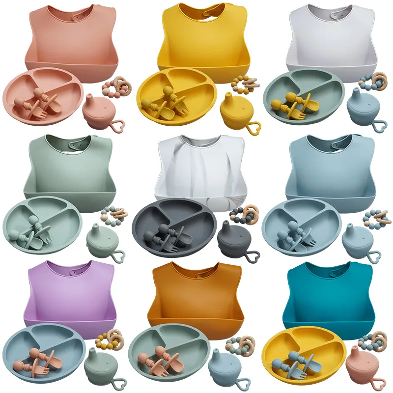 

Food Grade Silicone Baby Feeding Set Waterproof Safety Silicone Baby Bibs Easily Cleaned Silicone Plate