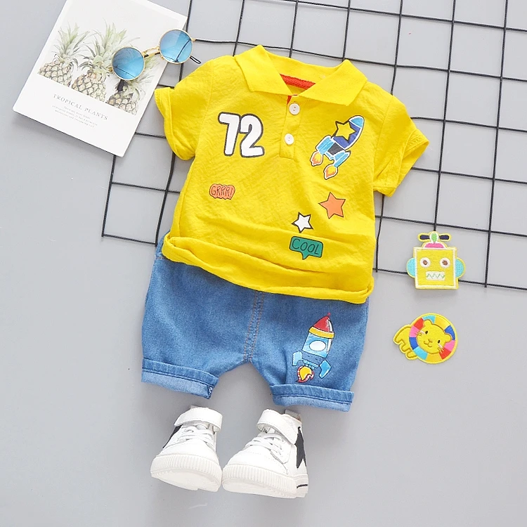 

0-5 years old boy clothing fashion and handsome rocket cotton short-sleeved T-shirt with denim shorts 2-piece set [in stock]