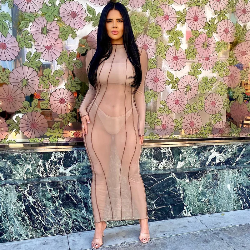 

Ready To Shop Summer Slim See Through Mesh Midi Bodycon Dress Women Long Sleeve