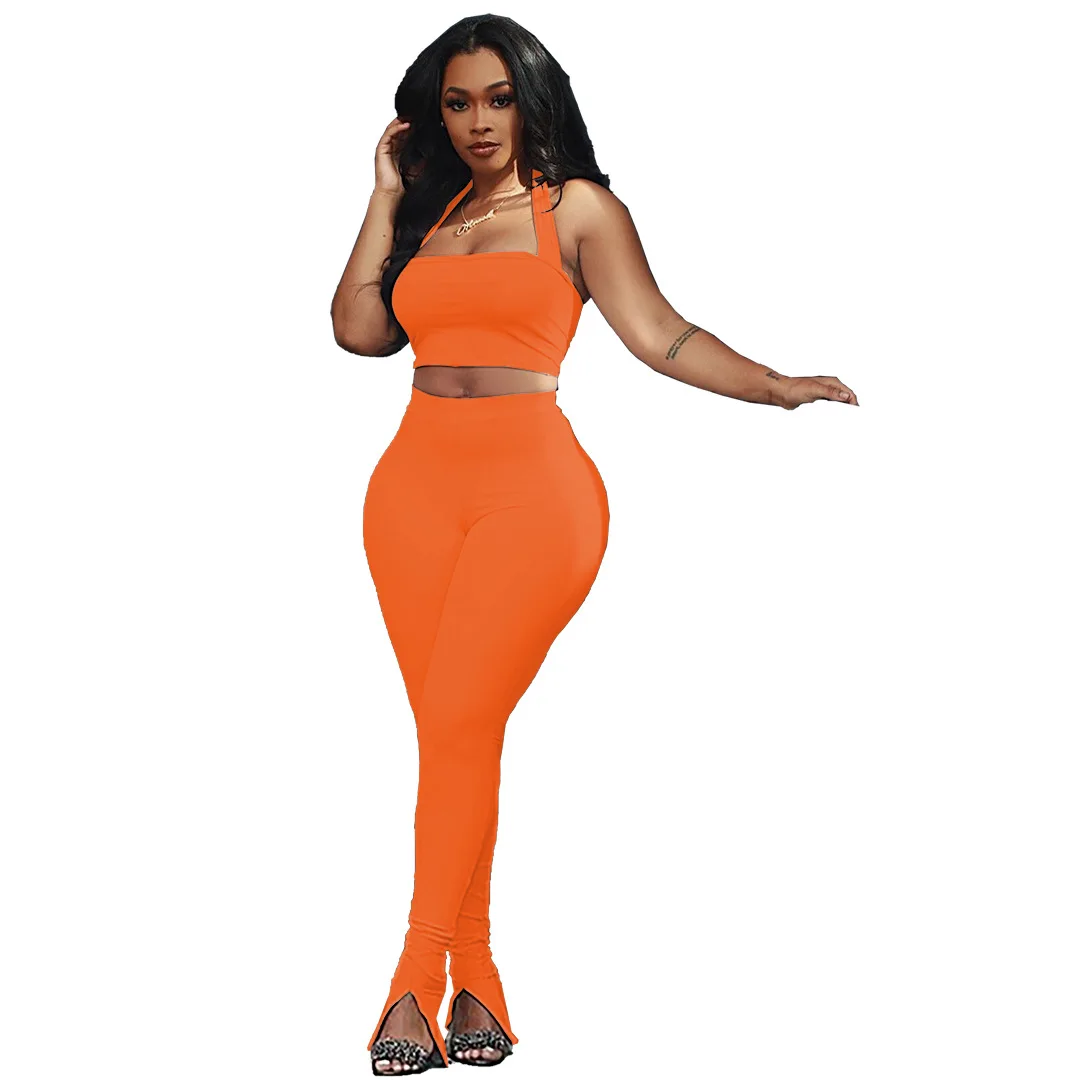 

European and American women's clothing fashion leisure solid color body painting trousers two-piece set, Picture