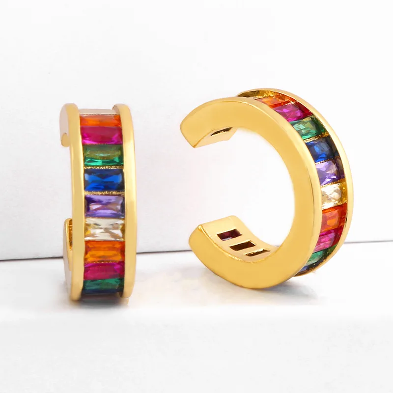 Luxury 18K Gold Plated Brass Earrings Rainbow Stone Zircon Charm Hoop Earrings for Women