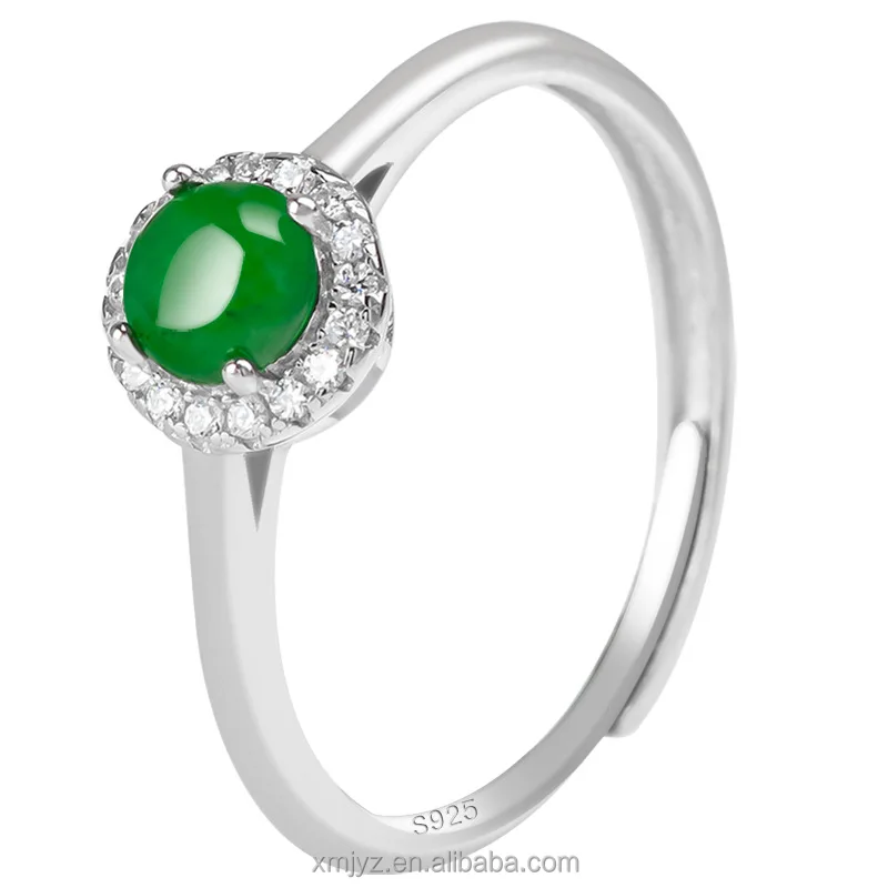 

Certified Grade A S925 Silver Inlaid Natural Emerald Green Ice Jade Stone Ring Fashion Men's Ring Women's Adjustable