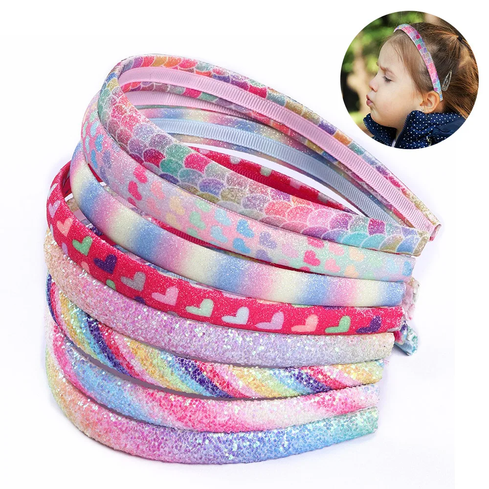 

New Style Children's Hair Accessories Gradient Rainbow Shiny Hair Band Heart Hairband Glitter Sequins Headbands For Kids Girls