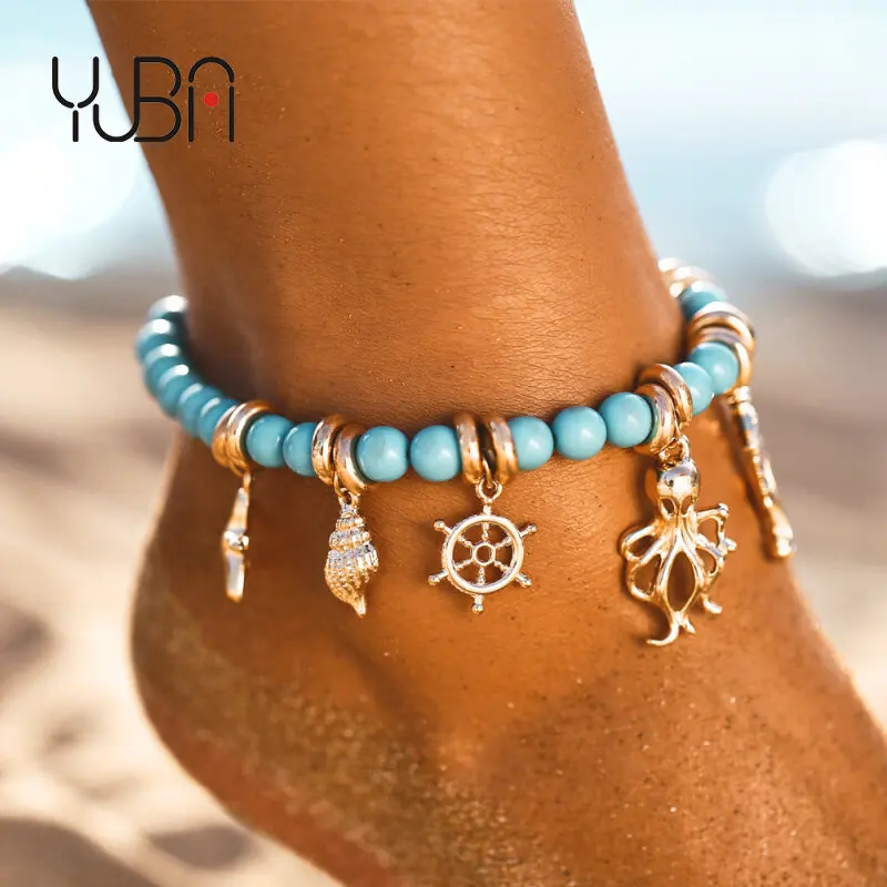 

Ocean Stylish Smooth Blue Beads Sea Lion Shell Charm Ankles Marine Life Conch Octopus Seastar Anklet For Women