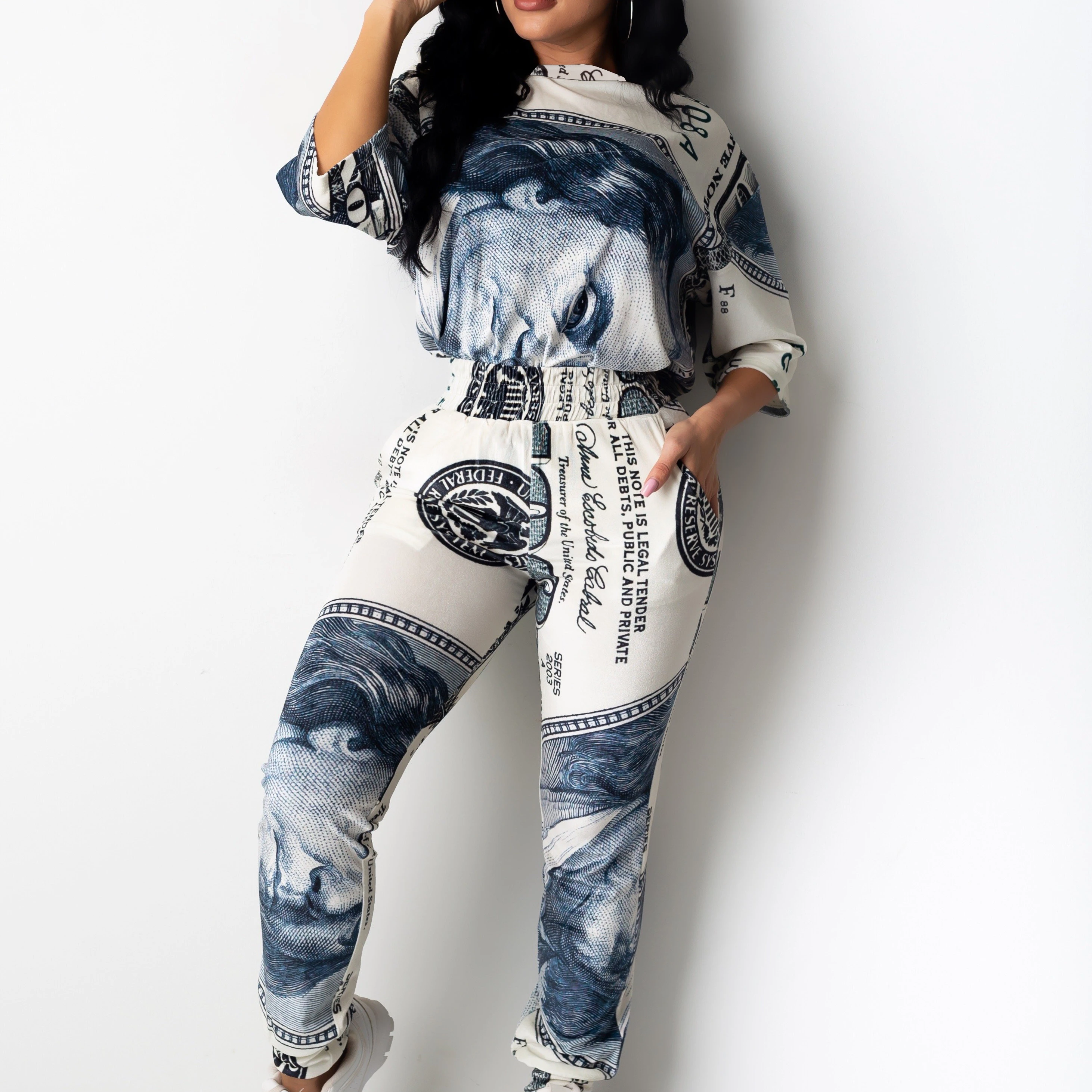 

Hot Sale Causal Loose Mid Sleeve Printed Women Sets Two Piece Tracksuit Set