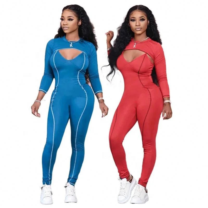 

Mg1028 Ladies Fall Sexy One Piece Jumpsuit Solid Color V Neck Hollow Stitching Tight Long Sleeved Pencil Pants Women