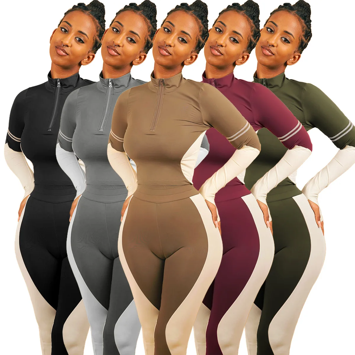 

bodycon sport sweatsuit 2020 fitness turtle neck polyester black tracksuit legging jogging women 2 piece set clothing