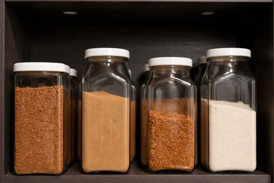 Proper cinnamon storage containers showing airtight jars in a dark pantry setting