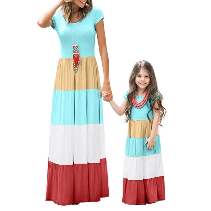 

2022 Wholesale Fashion New Summer Short Sleeve Color Block Maxi Family Mom Daughter Mommy And Me Dresses