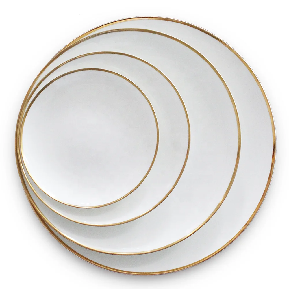 

JK ceramics plates restaurant gold rimmed white cheap porcelain dinner plate dishes set, White with gold rim