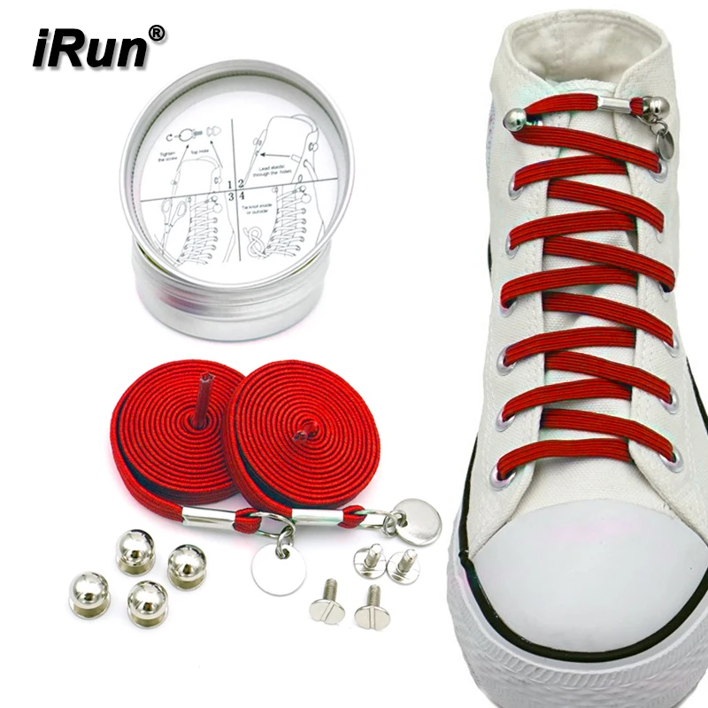 

iRun 2021 New Style Never Need Tie Lazy Quick Shoelace Flat Elastic Shoelaces with Metal Tips Custom Speed Laces Tin Pack