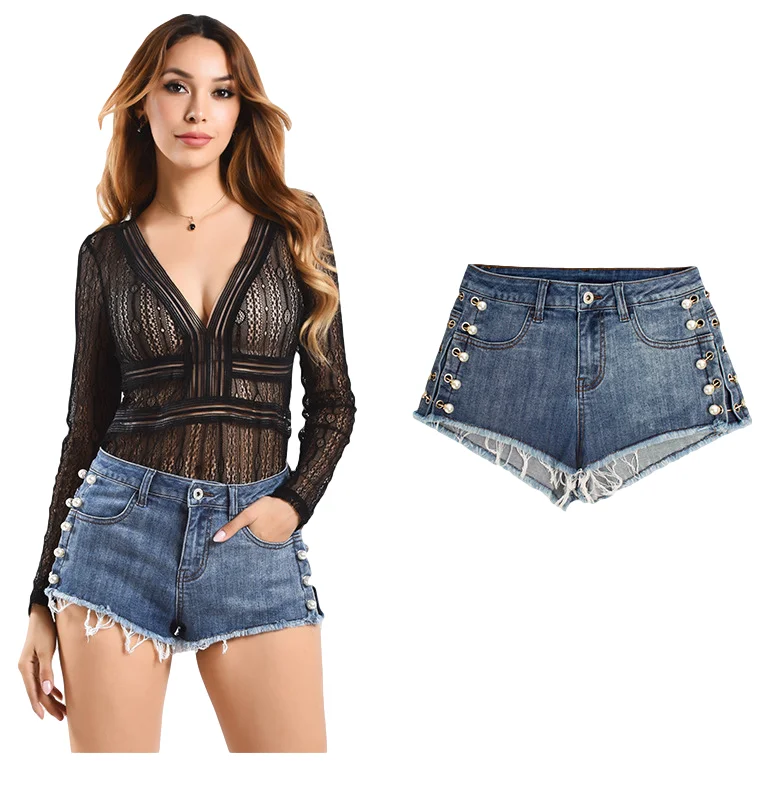 

Women's summer high waist Thin pearl rivets Washed denim shorts Women's sexy hip shorts jeans