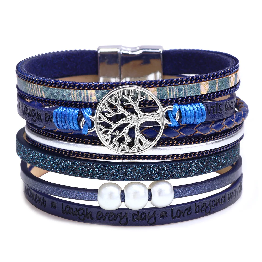 

Handmade Multilayer Tree Magnetic Buckle Wrap Braided Leather Cuff Bracelet For Men