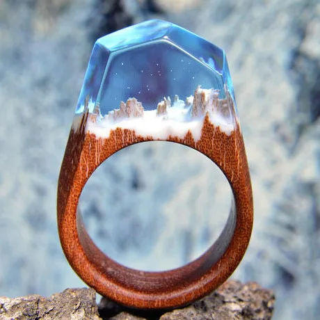 

Deep Forest scenery bule snow mountain wooden jewelry men handmade gift screct finger wood ring, 20 and more colors