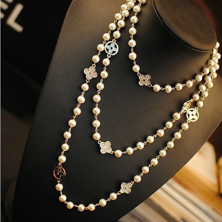 

layered long necklace for women clover pearl necklace jewelry 18k pvd gold plated bead chain necklace women