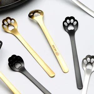 Image of Creative stainless steel tea/dessert/ice cream/coffee small mixing mini spoon set titanium gold metal cat paw spoon