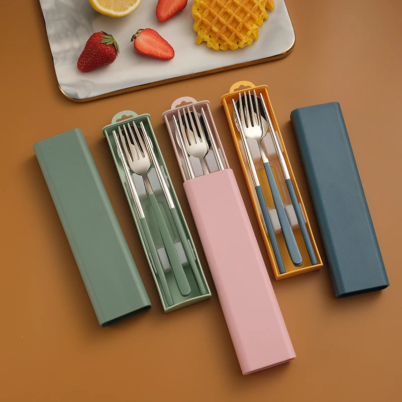

Korean Travel Food Grade 18/10 Dinnerware Flatware Stainless Steel Fork And Spoon Chopsticks Gold Cutlery Set with Case, Sliver,pink handle ,blue handle ,green handle ,black handle