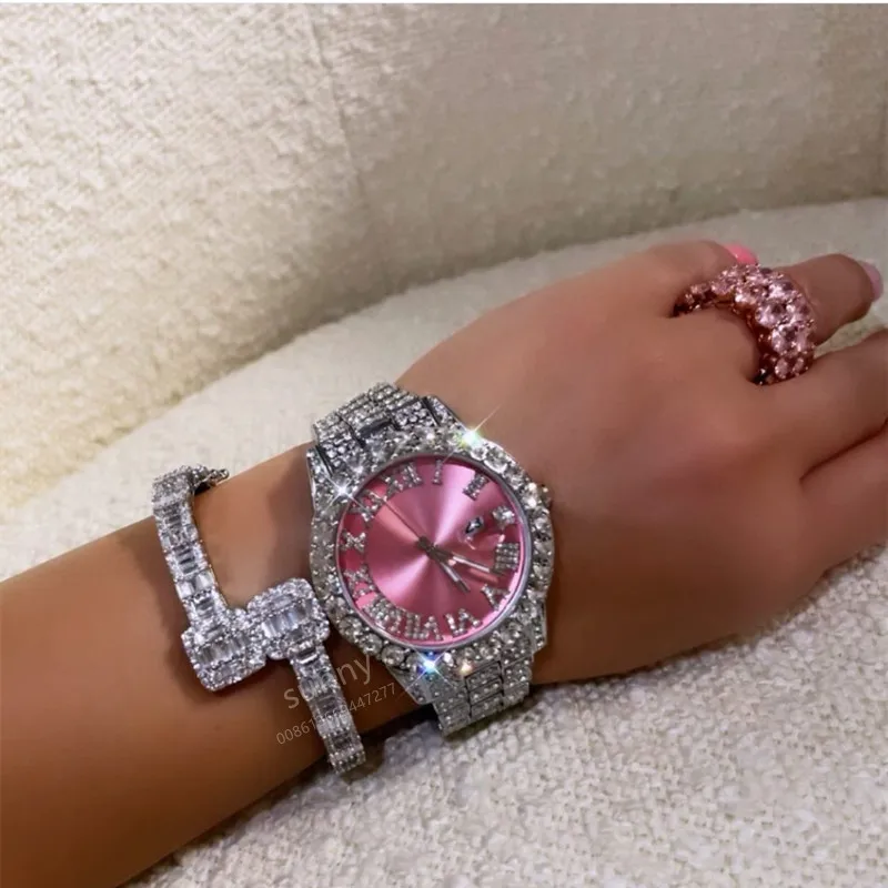 

Hip Hop Women Bling Luxury Wrist Watch Full Iced Out Quartz Female Watch Smaller Size Bling Watches bangle set