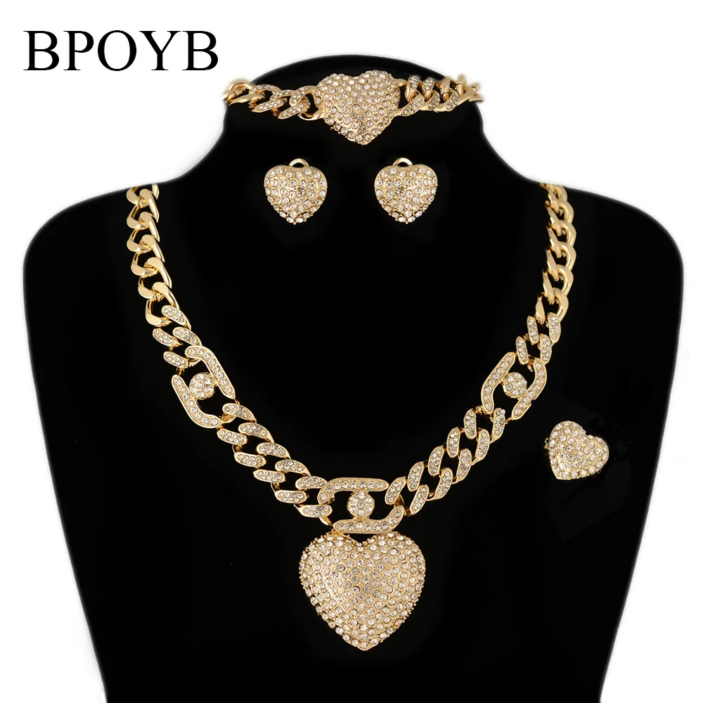 

BPOYB Large In Dubai Gold Filled Wedding Wear American Diamond Necklace Earrings Italian Zircon Cuban Chain Hip Hop Jewelry Set