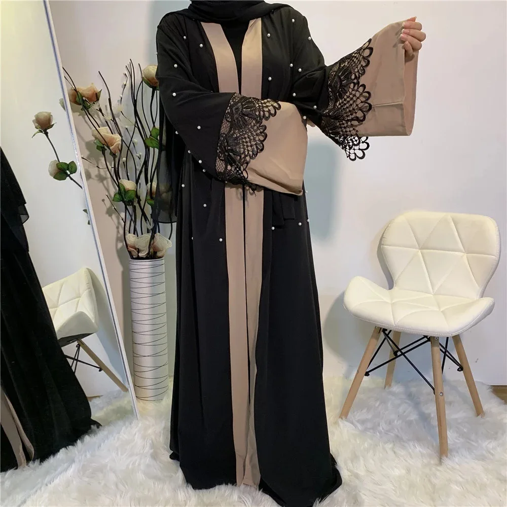 

Yibaoli Manufacturer lace pearl decoration kimono with belt dress kimono muslim, Black