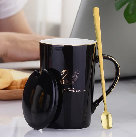 

Simple Swan Ceramic Cup Milk Coffee Mugs Home Mugs Large Capacity Teacup with Spoon with Cover, As picture