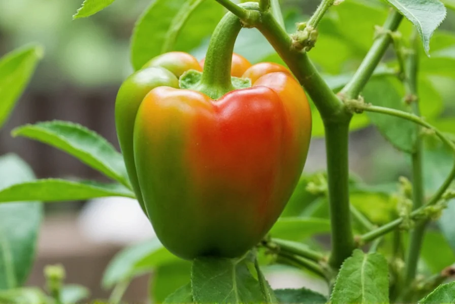 Pepper Annie bell peppers growing on plant showing green to red color transition