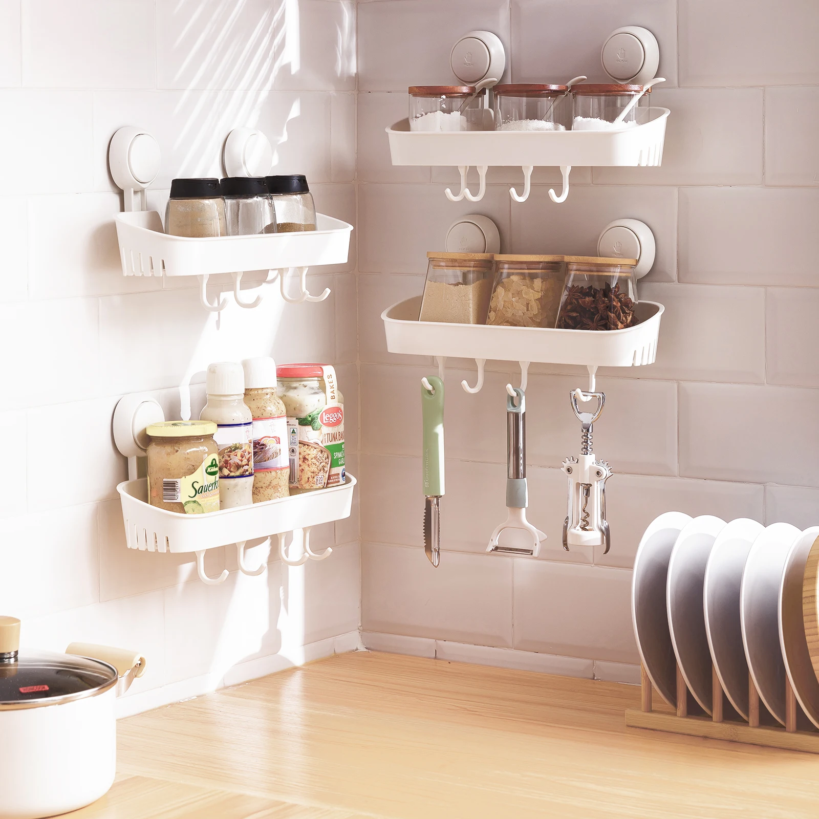 

Wall Mounted Multifunctional Drill-free Reusable Spice Rack Holder Shower Shelf Kitchen Home Storage