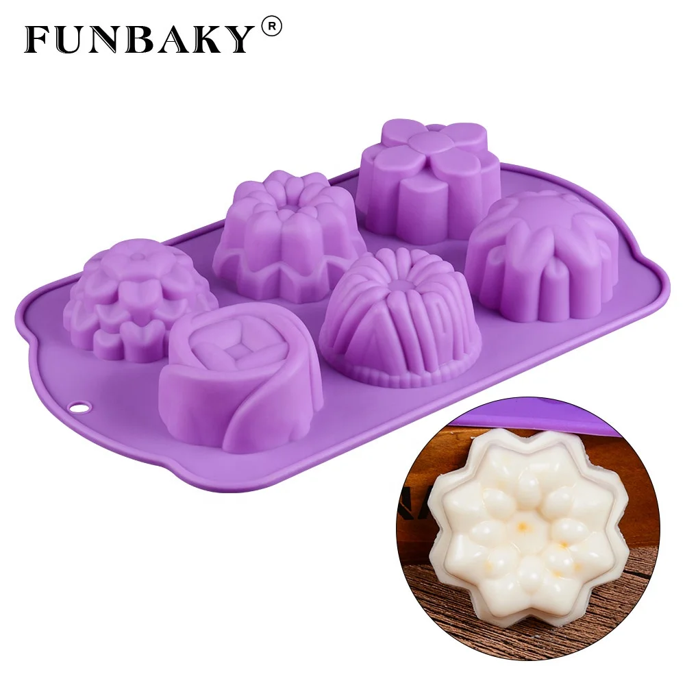 

FUNBAKY JSC2014 New design 6 cavity different flower rose round shape cupcake paper cake silicone mold scented candle mold, Customized color