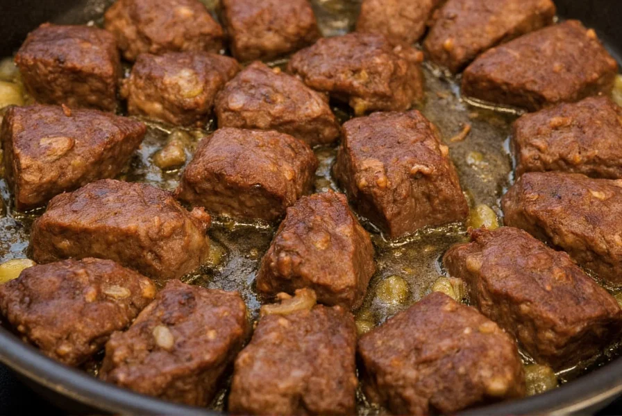 Close-up of cubed stew beef searing in cast iron skillet with onions and garlic