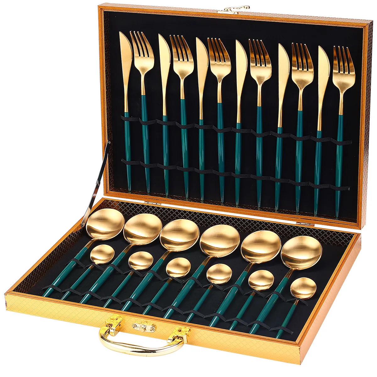

Hot Sale Gold Luxury Cutlery Set With Wooden Box 24 Pieces Stainless Steel cutlery 24 pcs set, Gold/silver, with colorful handle