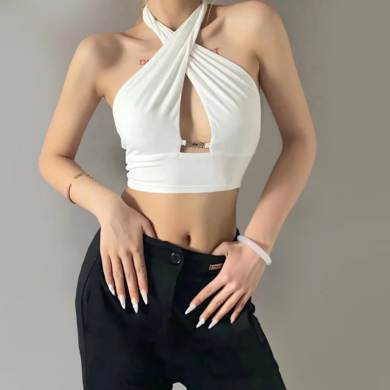 

Stylish Design Summer Eye Catching Sexy Women Halter Cropped Tops Solid Color Hollow Out Crop Top With Chain