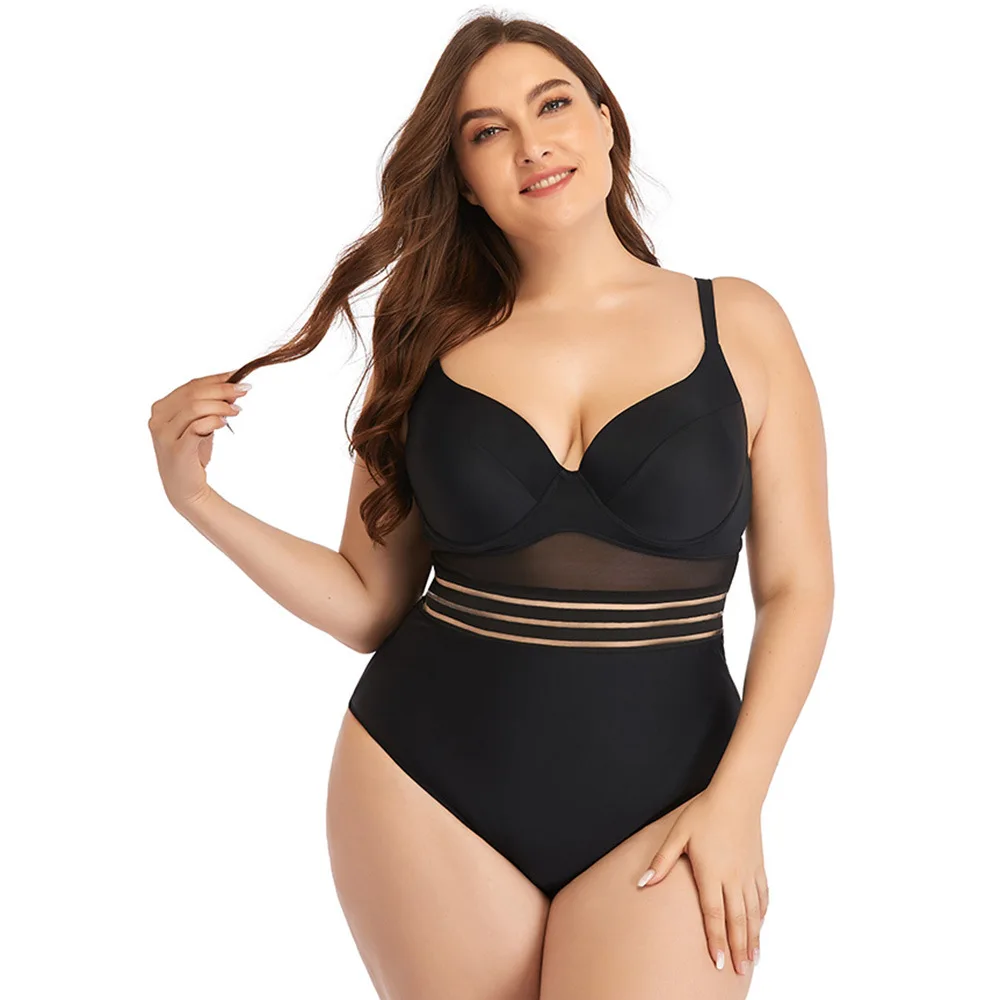 

Plus size swimsuit women's one-piece plus fat net openwork plain bikini