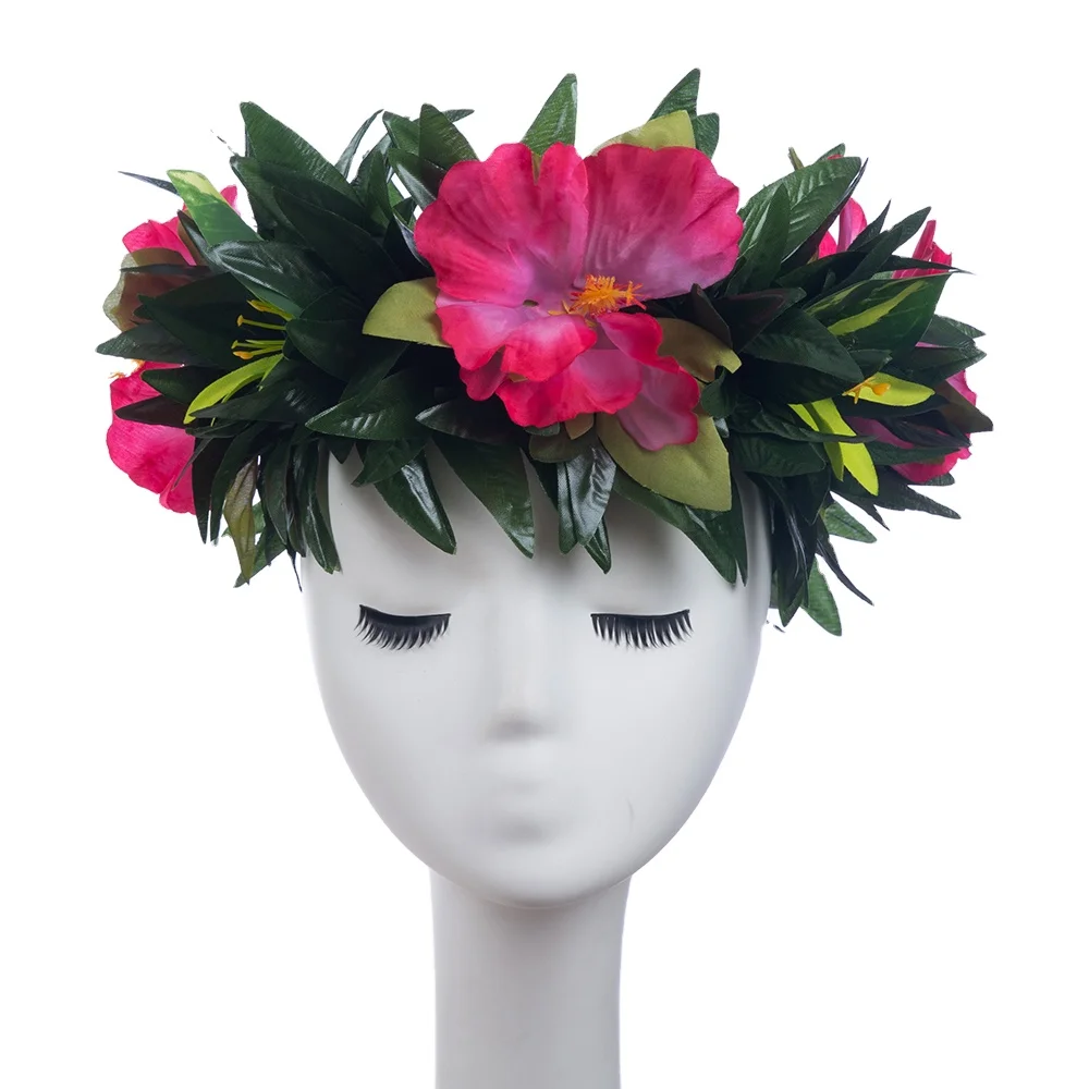 

Wholesale Factory Supplier HK00029-1 3 Colors 64CM Artificial Silk Hibiscus W Leaves Headband Haku Hawaii Dance Party Women Wear, Multi colors