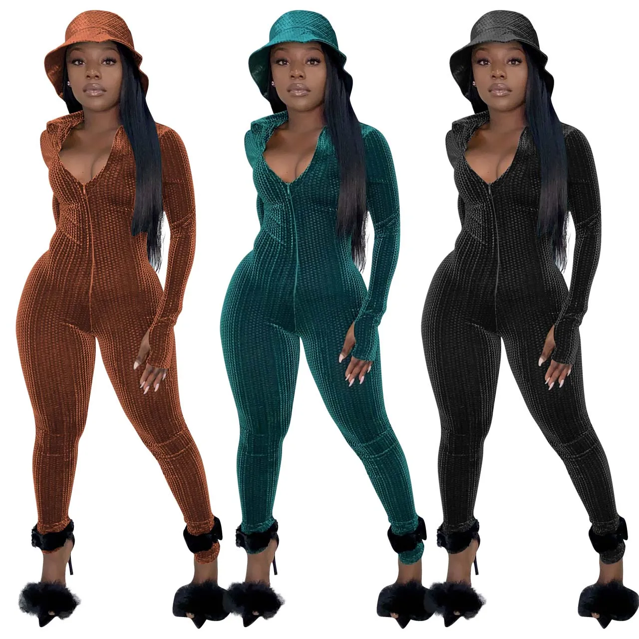 

BAZAI Hot Selling Fall Winter 2021 Woman clothes bodycon Jumpsuit combinaison Sportswear V neck winter Suede Jumpsuit