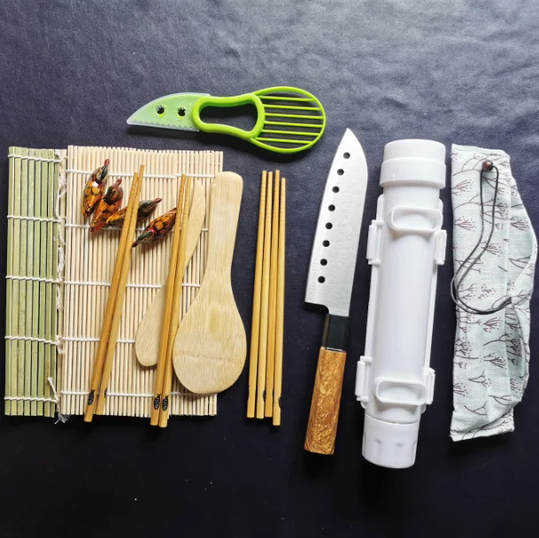 

Easy to Use DIY Homemade 15pcs All in One Sushi Roller Mats Saucers and Bazooka included Sushi Making Kit, Bamboo