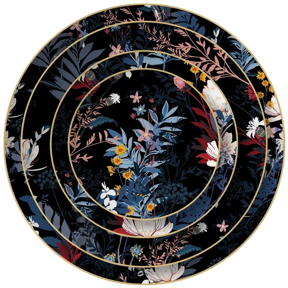 

Black plate set flower and grass series top grade bone China wedding dinnerware set