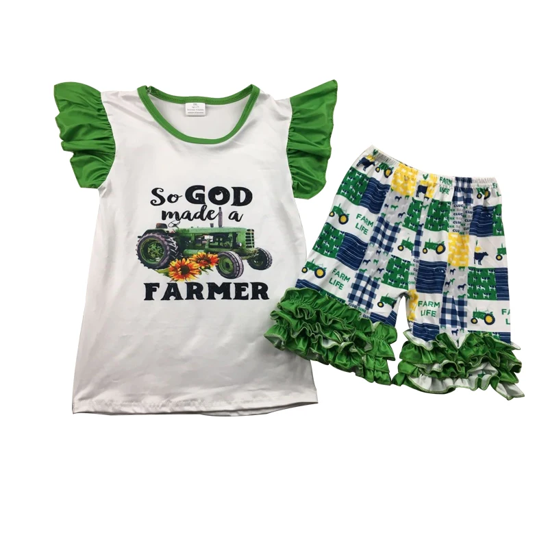 
wholesale children clothing green ruffled sets god made a farmer pattern toddler kids farm short sets 