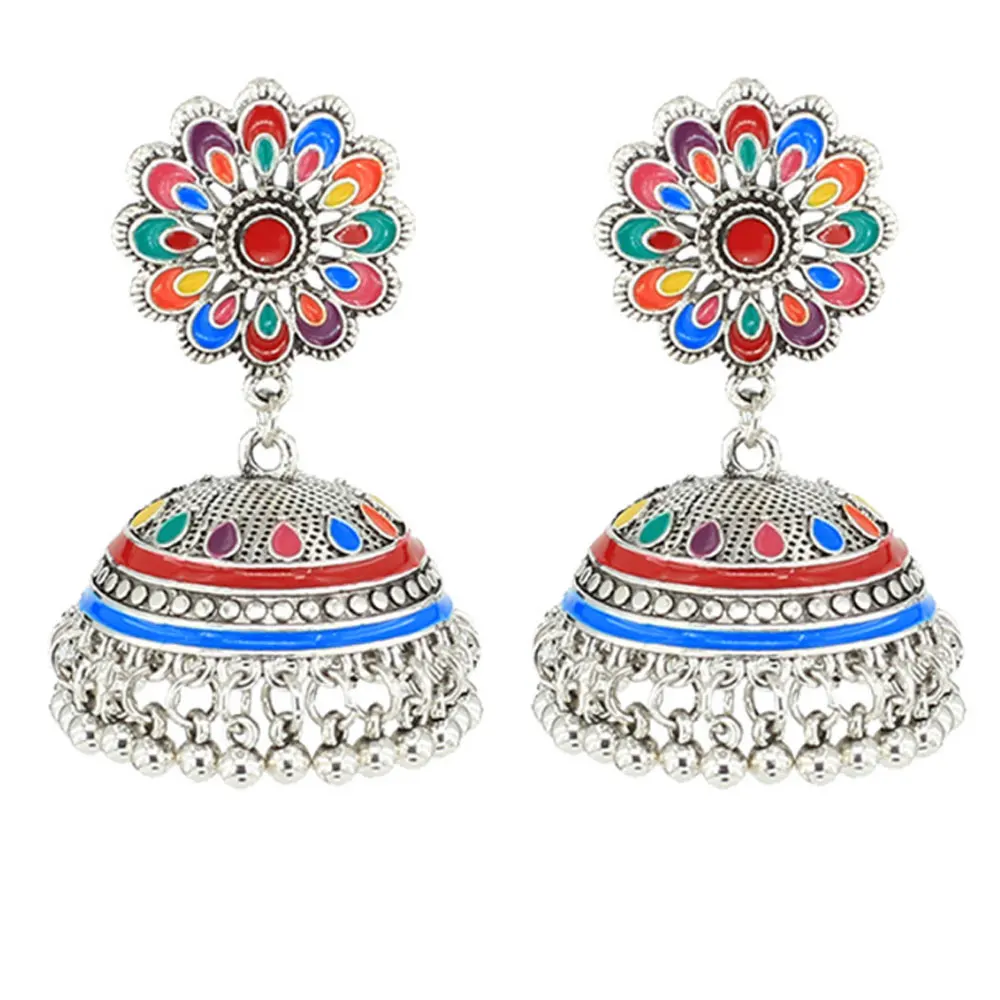 

indian hobemian boho jhumka earring brass earrings women, Blue and red