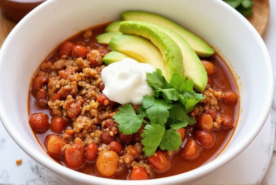 Finished bowl of turkey chili with toppings including avocado, sour cream, and cilantro